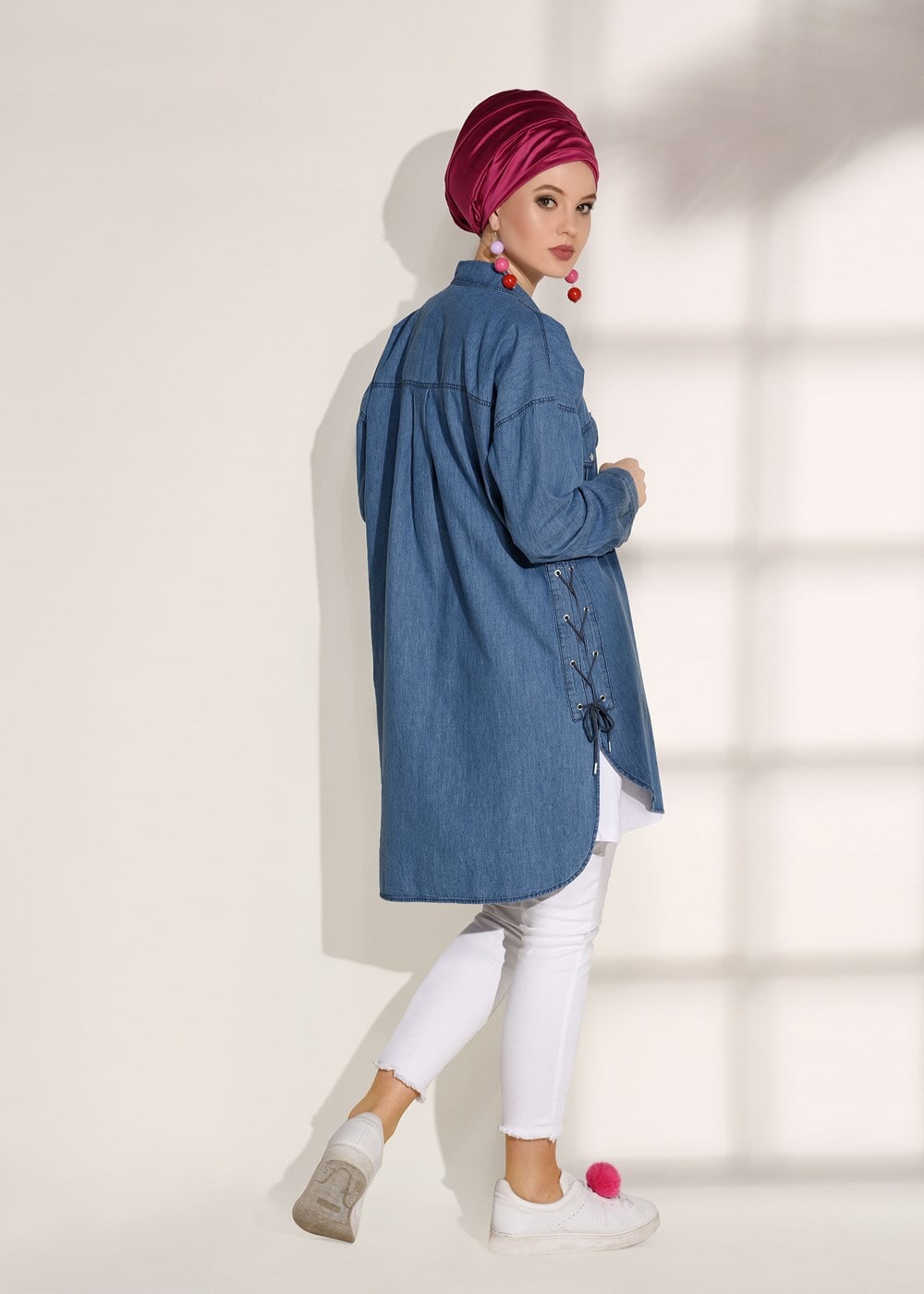 Tesettür giyim LACİVERT T 6326 Magazin-Salaş Kesim Denim Tunik