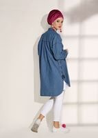 Tesettür giyim LACİVERT T 6326 Magazin-Salaş Kesim Denim Tunik