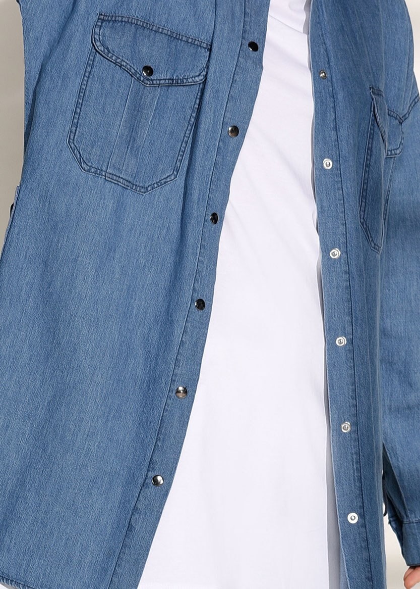 Tesettür giyim LACİVERT T 6326 Magazin-Salaş Kesim Denim Tunik