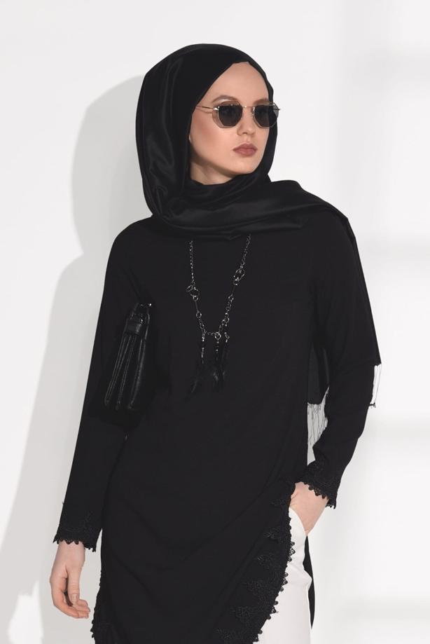 Tesettür giyim  T 6407 Armalin- Güpür Detaylı Tunik - TRENDTESETTÜR