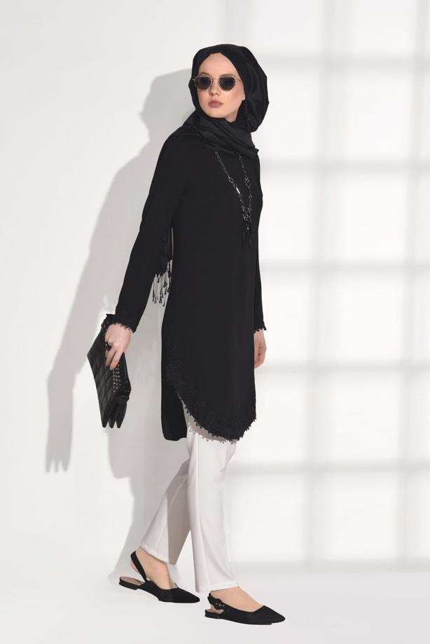 Tesettür giyim  T 6407 Armalin- Güpür Detaylı Tunik - TRENDTESETTÜR