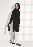 Tesettür giyim SİYAH T 6407 Armalin- Güpür Detaylı Tunik