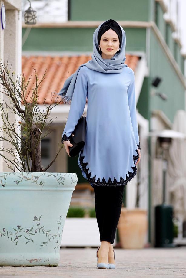 Tesettür giyim  T 6407 Armalin- Güpür Detaylı Tunik - TRENDTESETTÜR