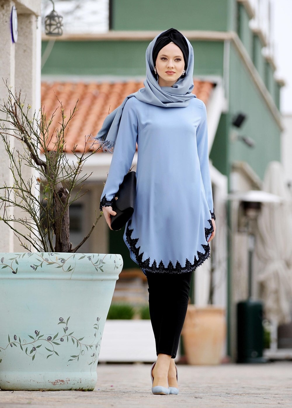 Tesettür giyim MAVİ T 6407 Armalin- Güpür Detaylı Tunik