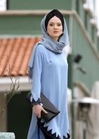 Tesettür giyim MAVİ T 6407 Armalin- Güpür Detaylı Tunik