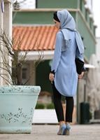 Tesettür giyim MAVİ T 6407 Armalin- Güpür Detaylı Tunik