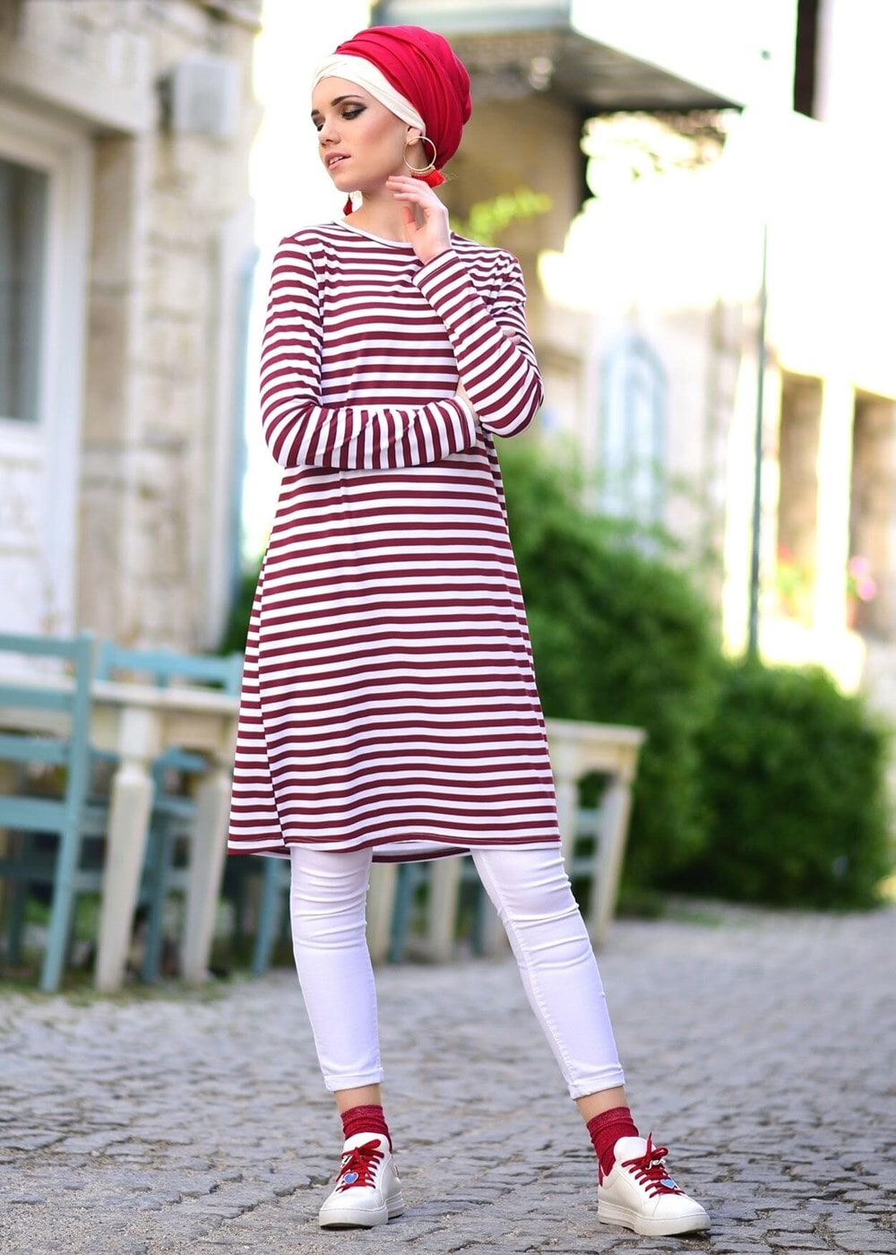 Tesettür giyim BORDO ÇİZGİLİ PENYE TUNİK 6418