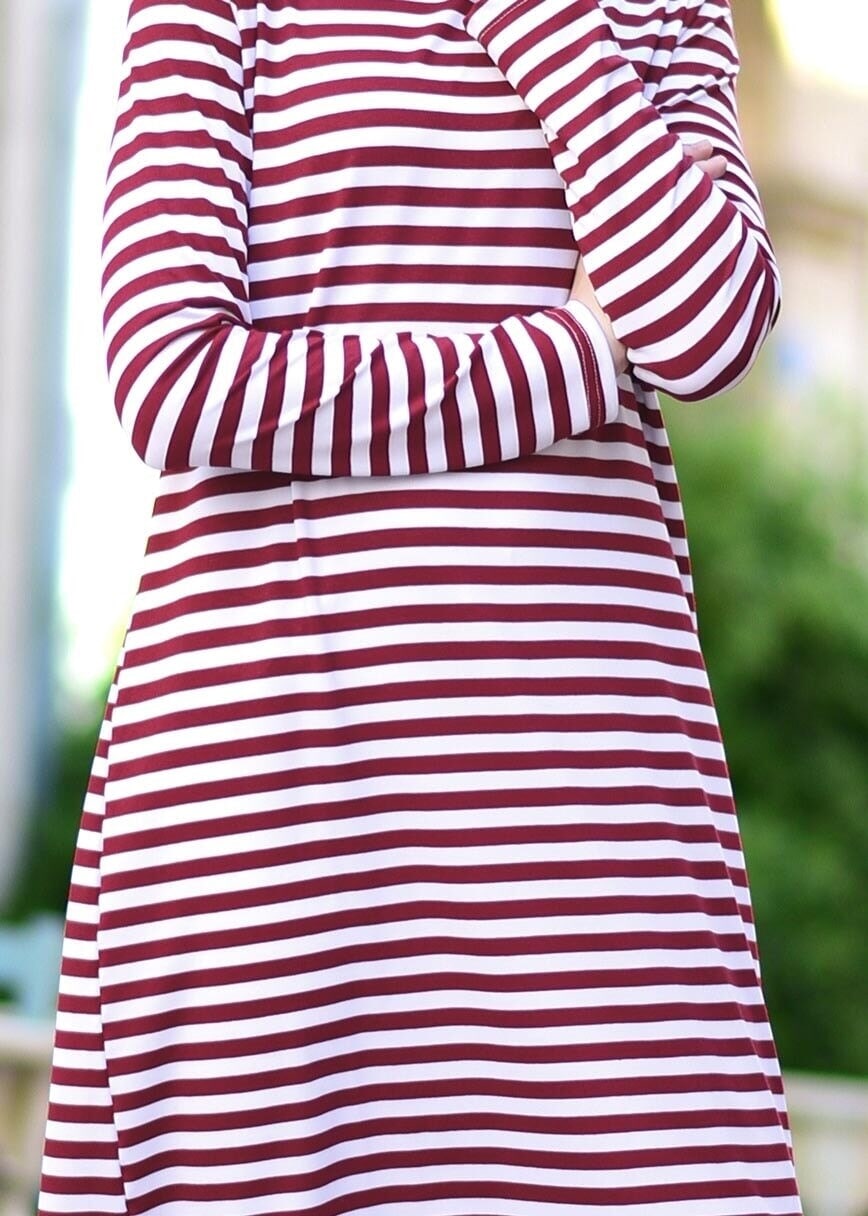 Tesettür giyim BORDO ÇİZGİLİ PENYE TUNİK 6418