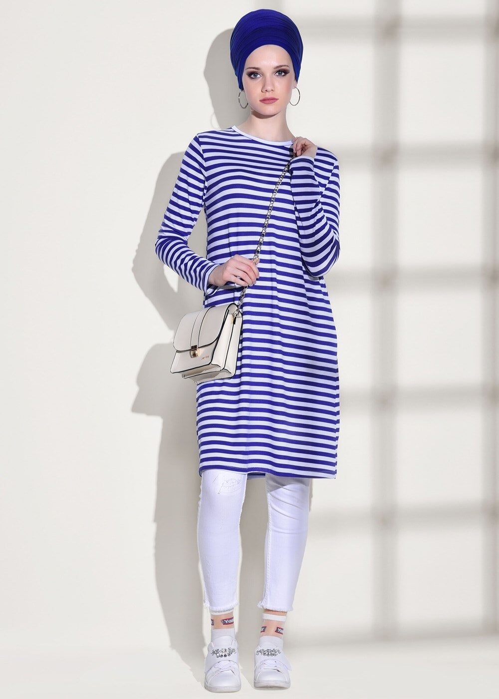 Tesettür giyim LACİVERT ÇİZGİLİ PENYE TUNİK 6418