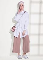Tesettür giyim BEYAZ T 6607 Ksd- Boncuk İşlemeli Tunik