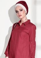 Tesettür giyim KIRMIZI T 6607 Ksd- Boncuk İşlemeli Tunik