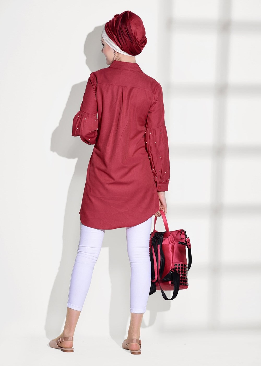 Tesettür giyim KIRMIZI T 6607 Ksd- Boncuk İşlemeli Tunik