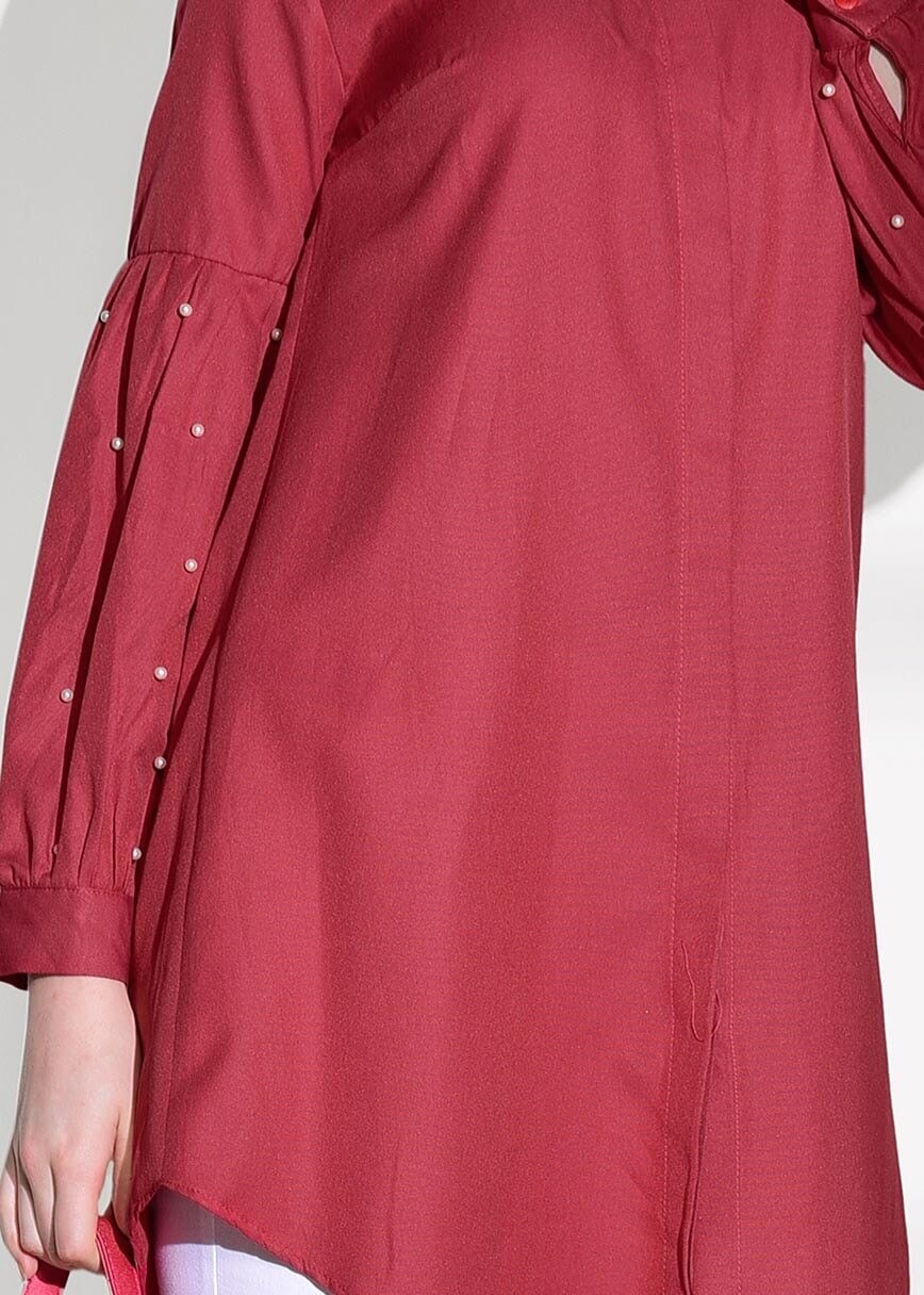Tesettür giyim KIRMIZI T 6607 Ksd- Boncuk İşlemeli Tunik