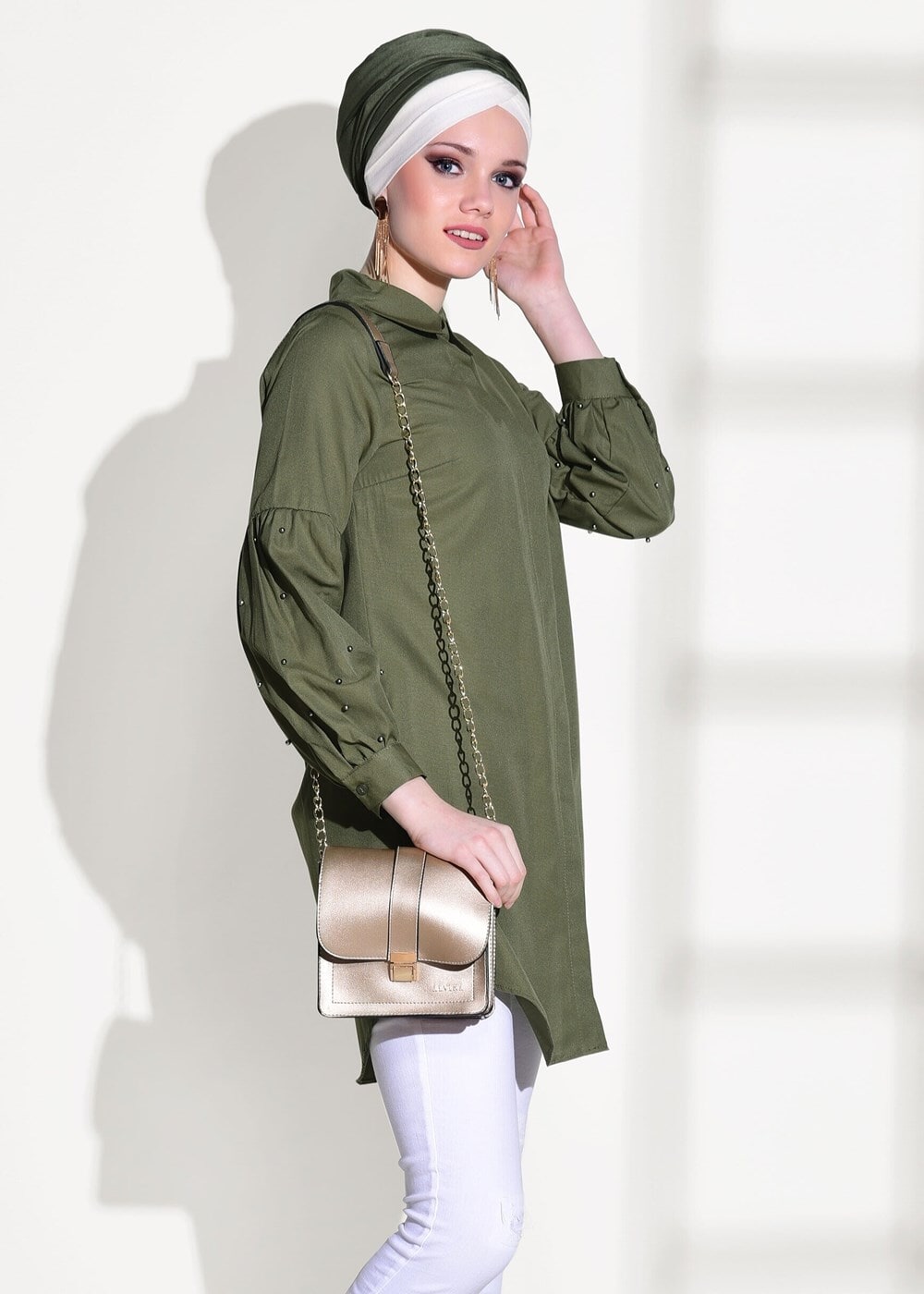 Tesettür giyim HAKİ T 6607 Ksd- Boncuk İşlemeli Tunik