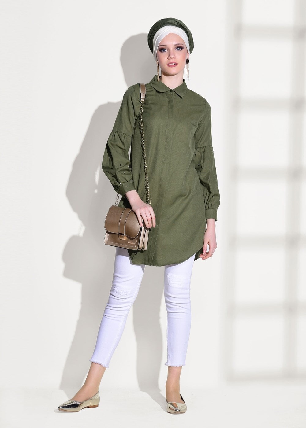 Tesettür giyim HAKİ T 6607 Ksd- Boncuk İşlemeli Tunik