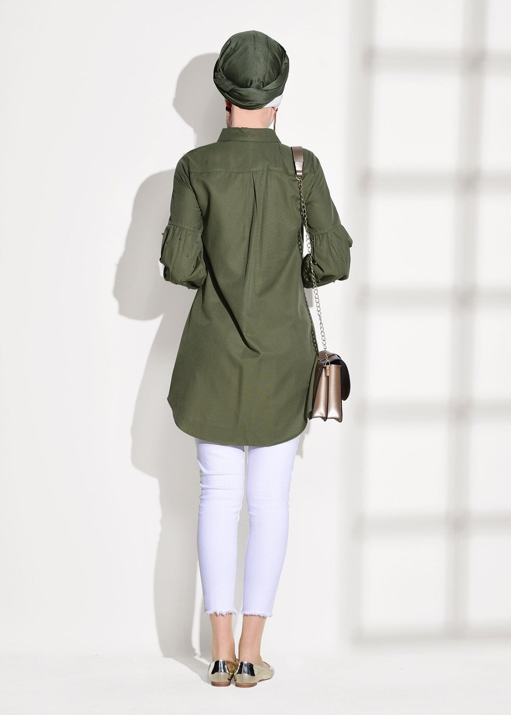 Tesettür giyim HAKİ T 6607 Ksd- Boncuk İşlemeli Tunik