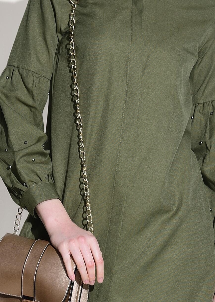 Tesettür giyim HAKİ T 6607 Ksd- Boncuk İşlemeli Tunik