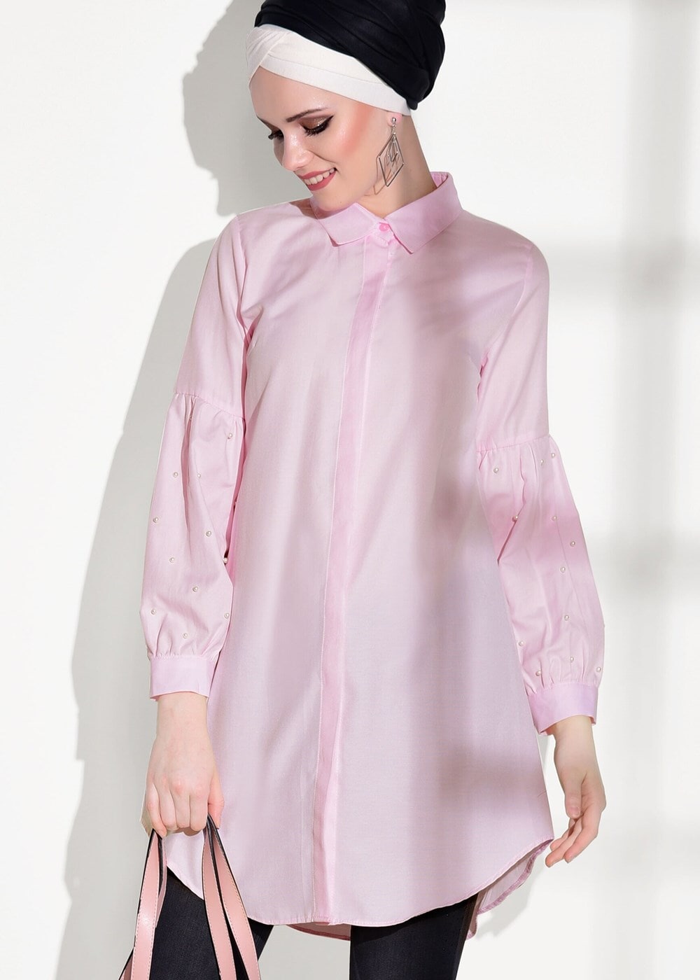 Tesettür giyim PEMBE T 6607 Ksd- Boncuk İşlemeli Tunik