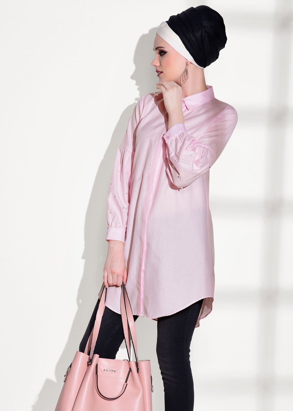 Tesettür giyim PEMBE T 6607 Ksd- Boncuk İşlemeli Tunik