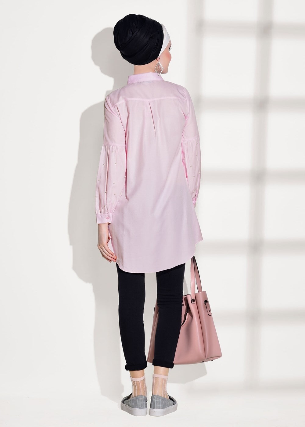 Tesettür giyim PEMBE T 6607 Ksd- Boncuk İşlemeli Tunik