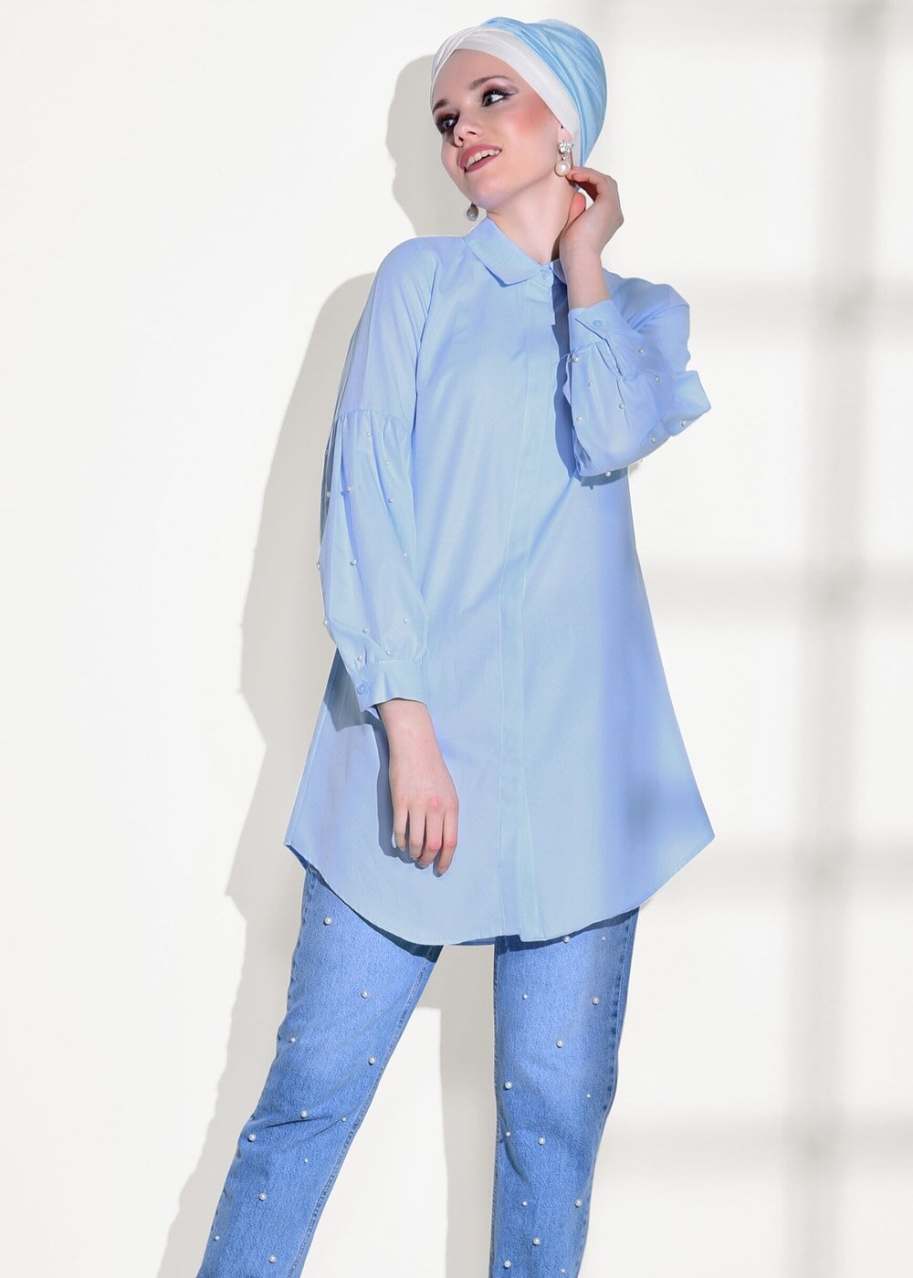 Tesettür giyim MAVİ T 6607 Ksd- Boncuk İşlemeli Tunik