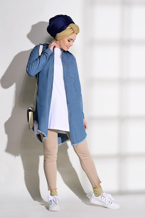 Vêtements hijab  FRINGE DETAIL DENIM TUNIC 7213  - TRENDTESETTÜR