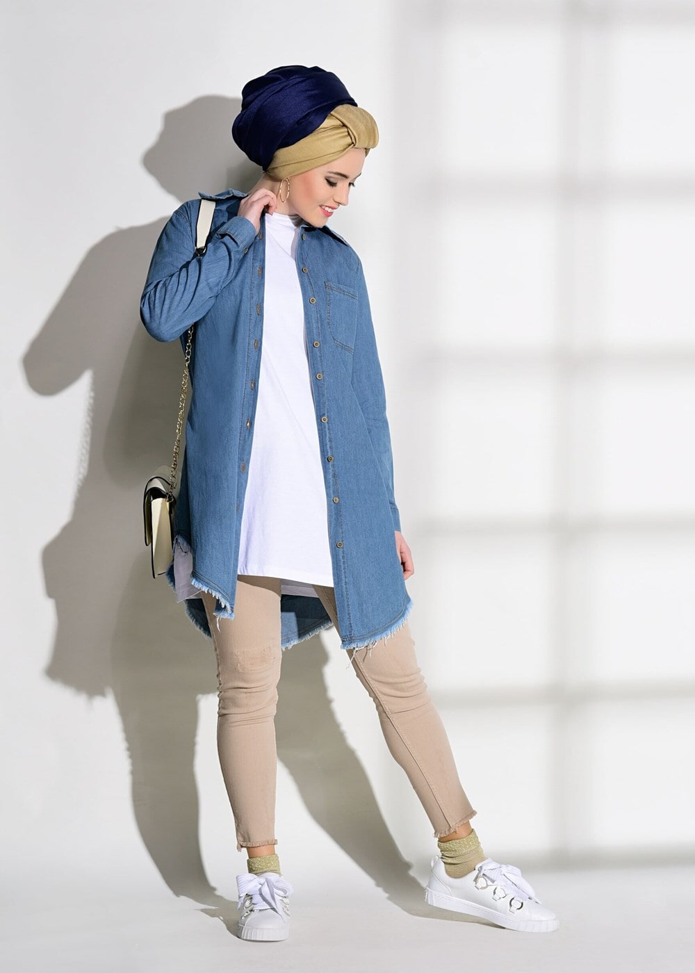 Vêtements hijab BLEU TUNIQUE EN DENIM DÉTAILLÉE À FRANGES 7213