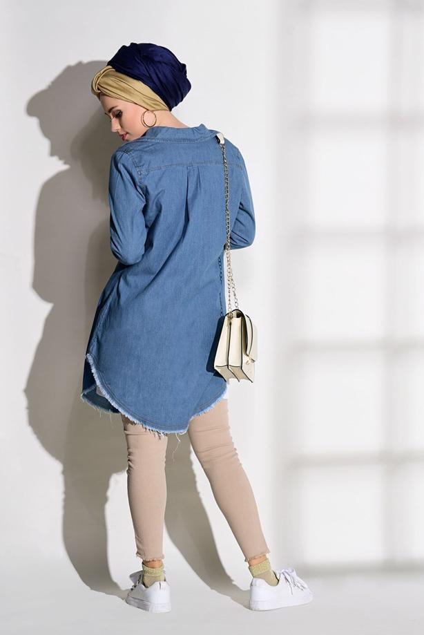 Vêtements hijab  FRINGE DETAIL DENIM TUNIC 7213  - TRENDTESETTÜR