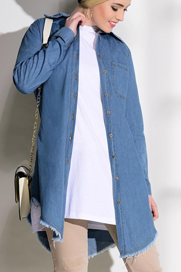 Vêtements hijab  FRINGE DETAIL DENIM TUNIC 7213  - TRENDTESETTÜR
