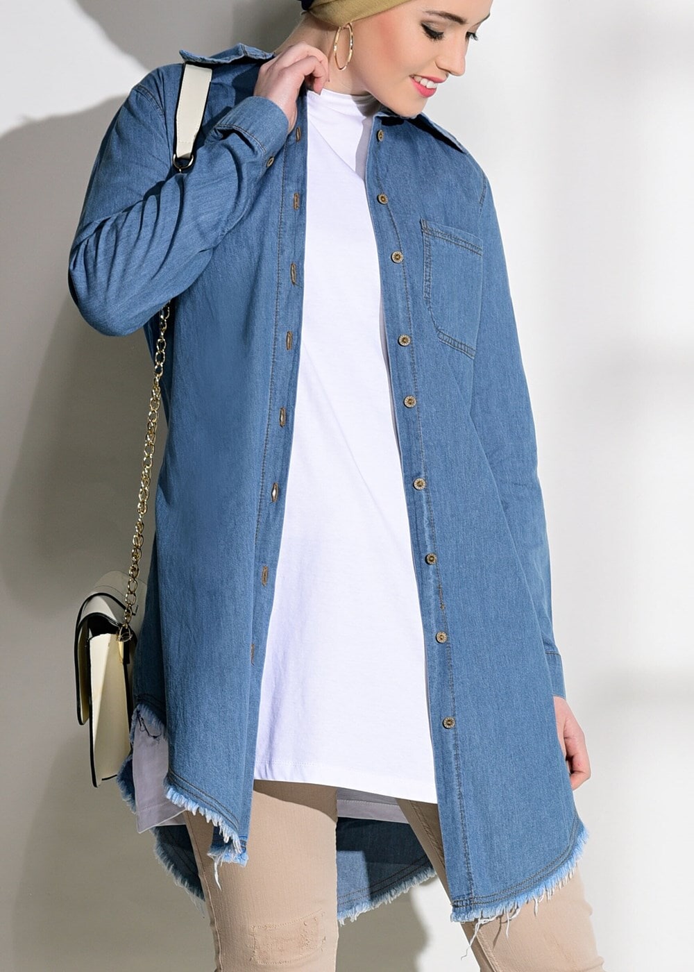 Vêtements hijab BLEU TUNIQUE EN DENIM DÉTAILLÉE À FRANGES 7213