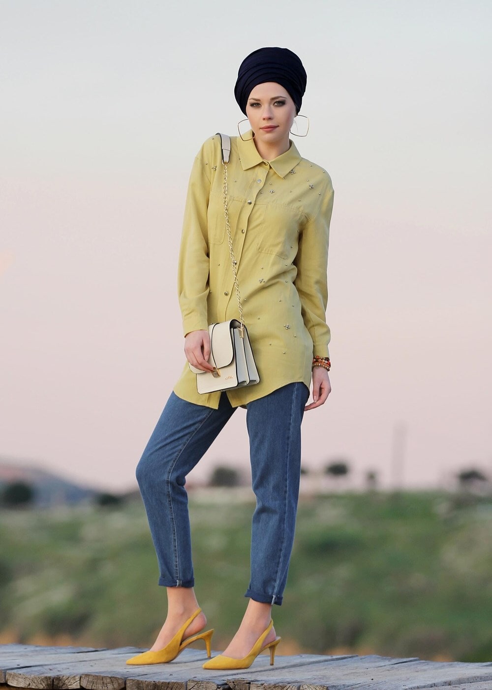 Tesettür giyim SARI T 7275 Asmiray- Cep Detaylı Tencel Tunik