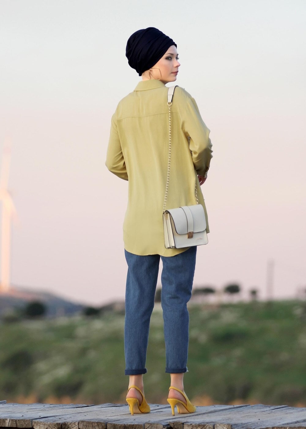 Tesettür giyim SARI T 7275 Asmiray- Cep Detaylı Tencel Tunik