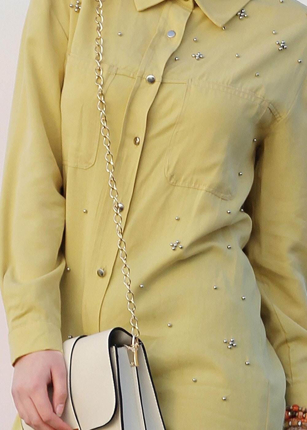 Tesettür giyim SARI T 7275 Asmiray- Cep Detaylı Tencel Tunik