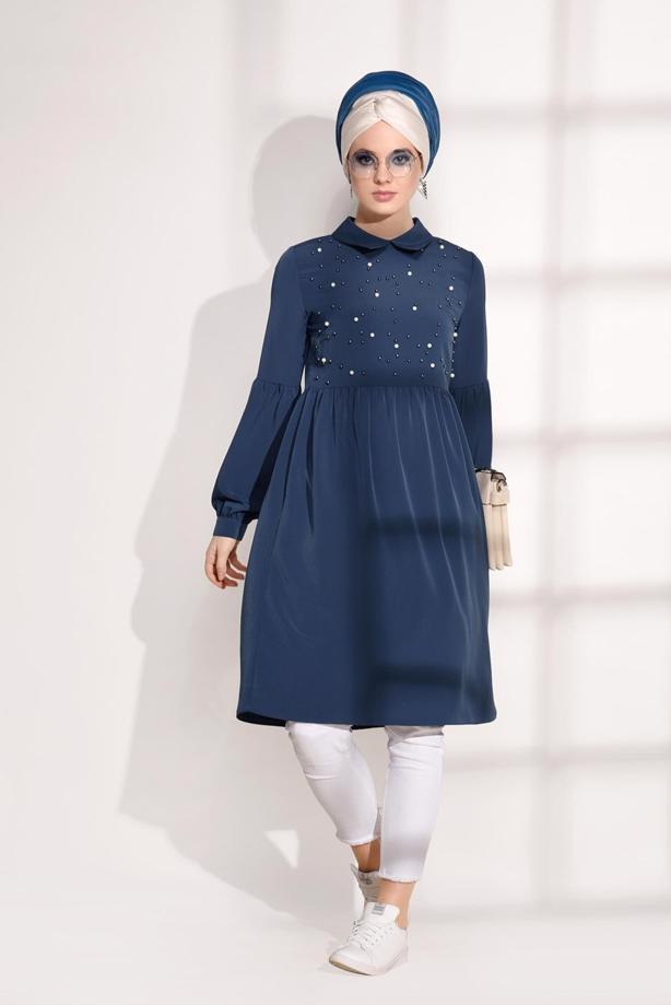Hijab-Kleidung  T 7335 Pr Collection- İnci Detaylı Tunik - TRENDTESETTÜR