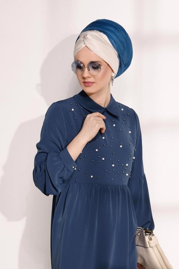 Hijab-Kleidung  T 7335 Pr Collection- İnci Detaylı Tunik - TRENDTESETTÜR
