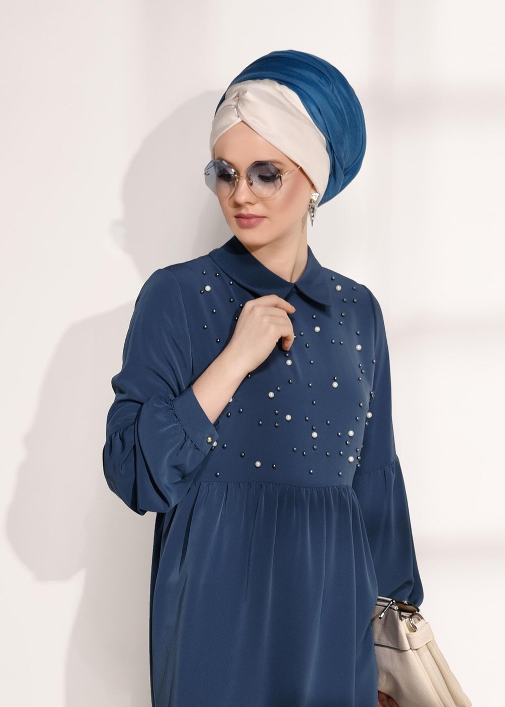 Tesettür giyim MAVİ T 7335 Pr Collection- İnci Detaylı Tunik