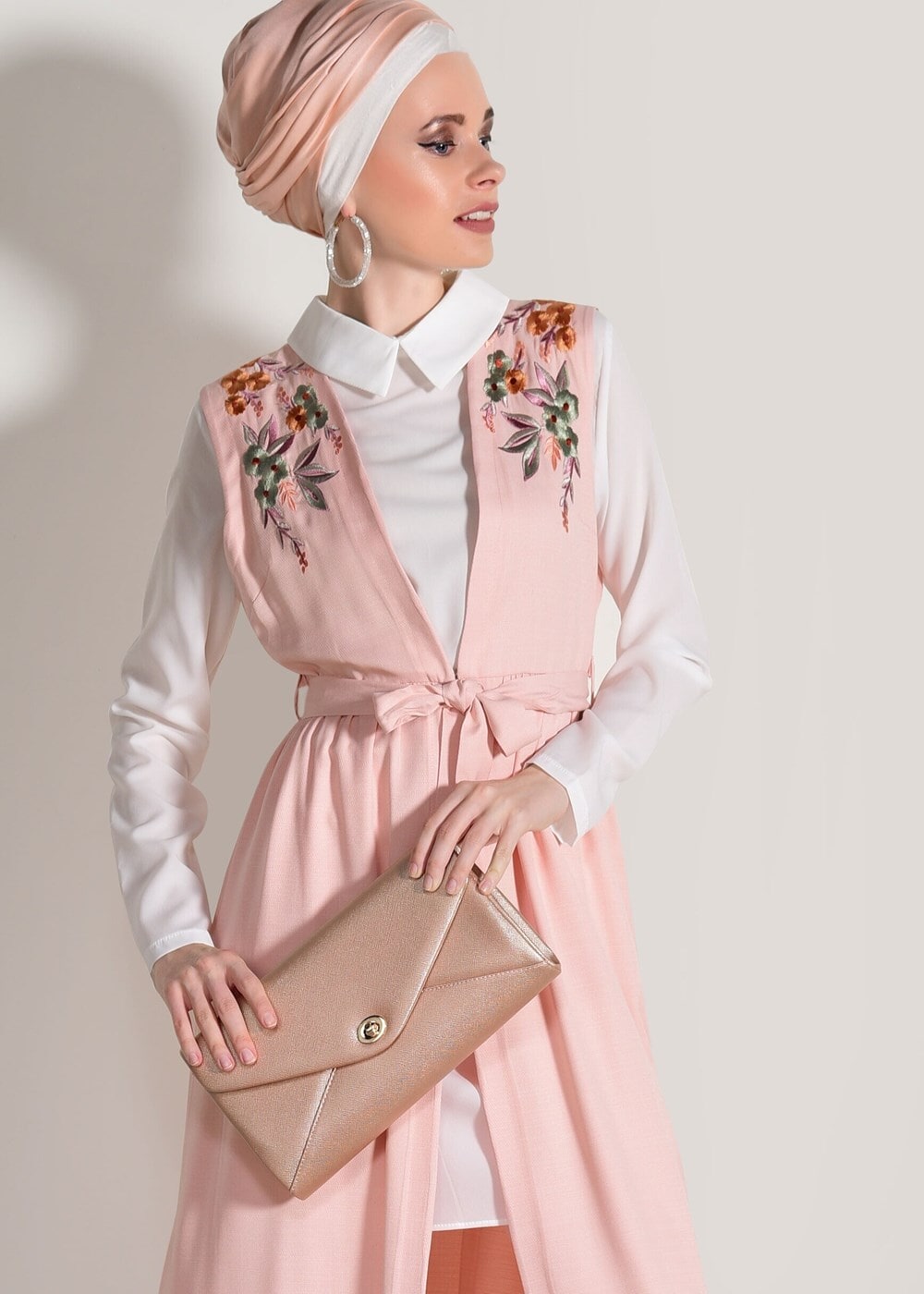 Vêtements hijab POUDRE TUNIQUE 2 PIÈCES DÉTAIL BRODERIE 7713