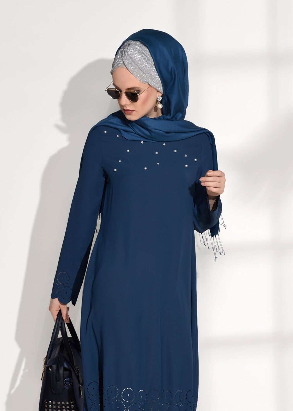 Tesettür giyim LACİVERT T 7851 ModaBu-Lazer Kesim Tunik