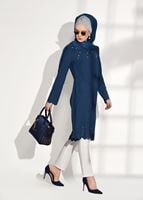 Tesettür giyim LACİVERT T 7851 ModaBu-Lazer Kesim Tunik