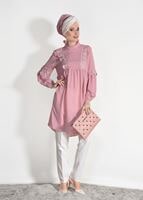 Tesettür giyim PUDRA T 8061 ModaBu- Güpür Detaylı Tunik