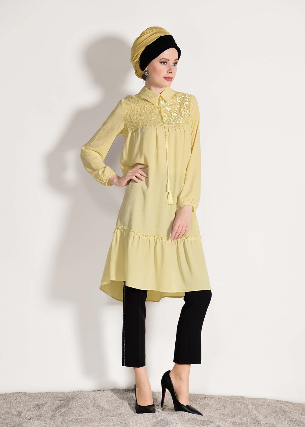 Vêtements hijab JAUNE TUNIQUE DÉTAIL GUIPURE 8278