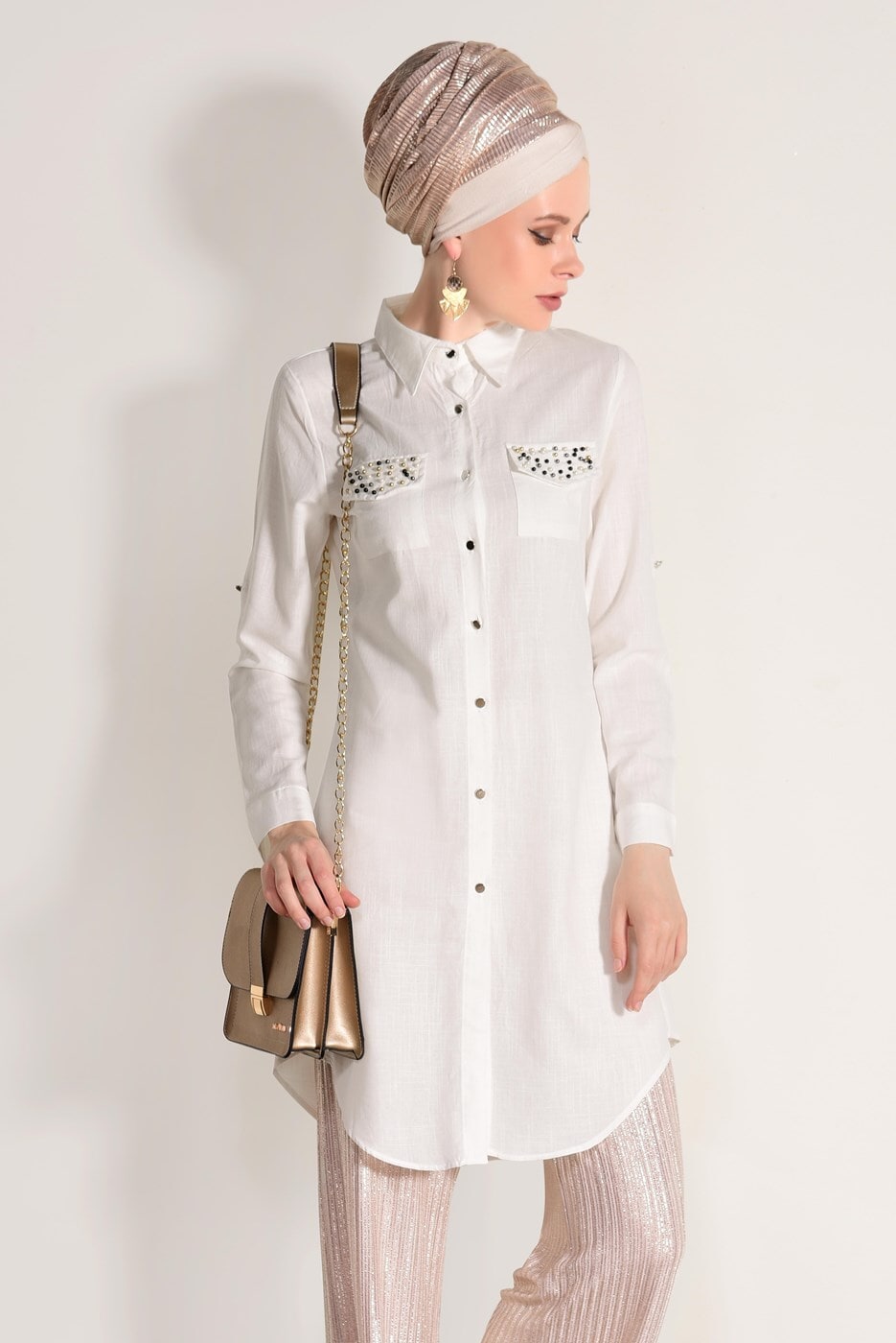 Vêtements hijab CRÈME TUNIQUE BRODÉE DE PERLES 9009