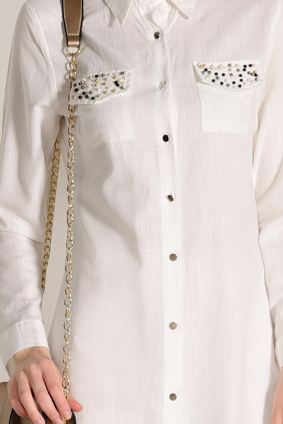 Vêtements hijab CRÈME TUNIQUE BRODÉE DE PERLES 9009