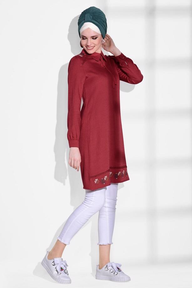 Tesettür giyim  T 9037 Aynaz-Nakış Detaylı Tunik - TRENDTESETTÜR