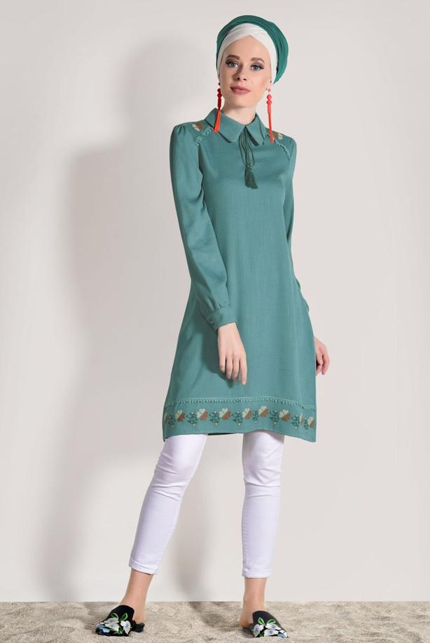 Tesettür giyim  T 9037 Aynaz-Nakış Detaylı Tunik - TRENDTESETTÜR