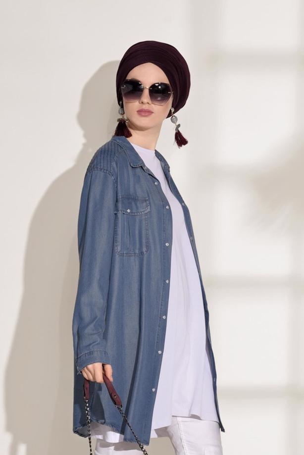 Tesettür giyim  T 9126 Magazin- İşleme Detaylı Denim Tunik - TRENDTESETTÜR