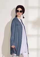 Tesettür giyim LACİVERT T 9126 Magazin- İşleme Detaylı Denim Tunik
