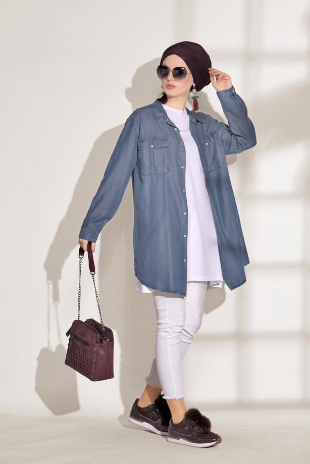 Tesettür giyim  T 9126 Magazin- İşleme Detaylı Denim Tunik - TRENDTESETTÜR