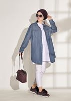 Tesettür giyim LACİVERT T 9126 Magazin- İşleme Detaylı Denim Tunik