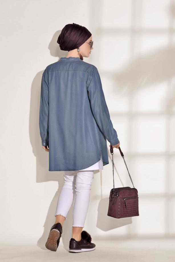 Tesettür giyim  T 9126 Magazin- İşleme Detaylı Denim Tunik - TRENDTESETTÜR